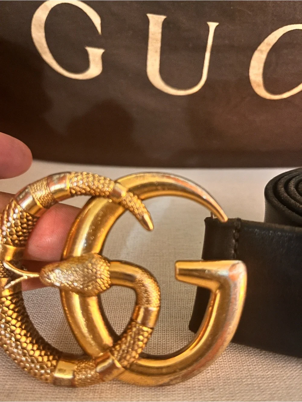 Gucci Black Leather Belt with Gold Double G Snake Buckle unisex